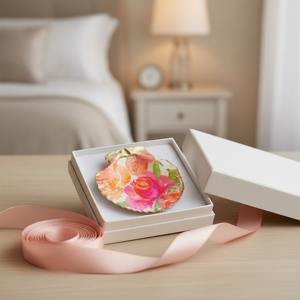 Spring Blossom Pink and Orange Seashell Jewelry Dish Coastal Decor - Picture 3 of 4